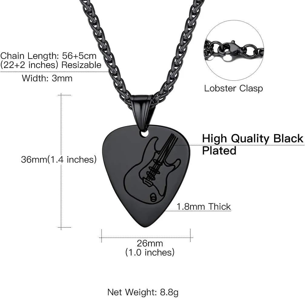 Suplight Stainless Steel Black Guitar Pick Necklace for Men Waterproof Guitar Picks Holder Pendant Plectrum Music Note Necklace Musical Guitarist Jewelry Gift for Women Men