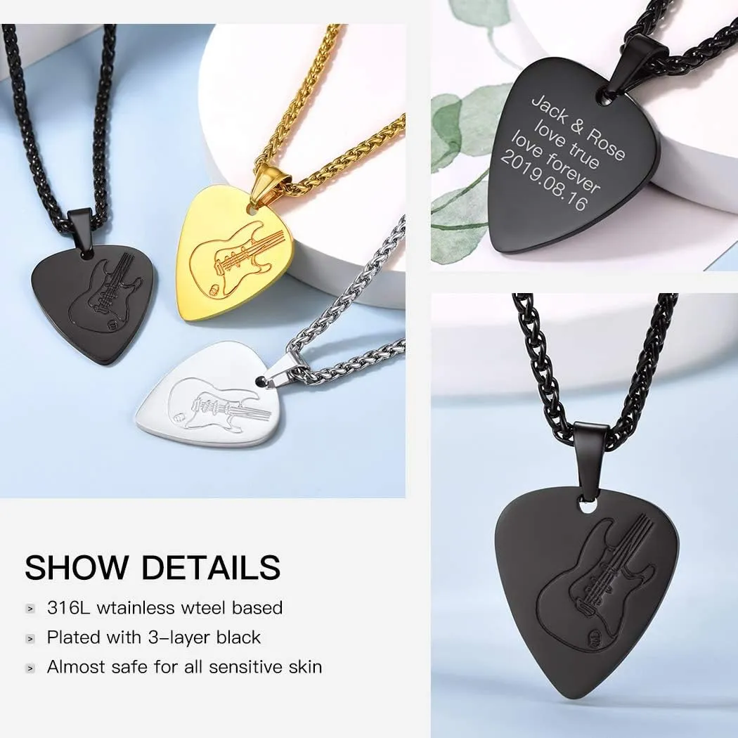 Suplight Stainless Steel Black Guitar Pick Necklace for Men Waterproof Guitar Picks Holder Pendant Plectrum Music Note Necklace Musical Guitarist Jewelry Gift for Women Men
