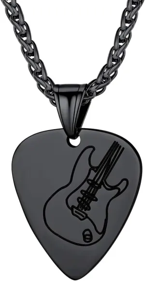 Suplight Stainless Steel Black Guitar Pick Necklace for Men Waterproof Guitar Picks Holder Pendant Plectrum Music Note Necklace Musical Guitarist Jewelry Gift for Women Men