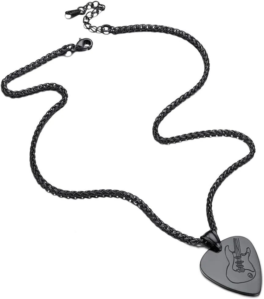 Suplight Stainless Steel Black Guitar Pick Necklace for Men Waterproof Guitar Picks Holder Pendant Plectrum Music Note Necklace Musical Guitarist Jewelry Gift for Women Men