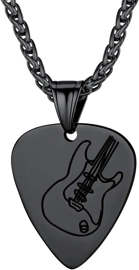 Suplight Stainless Steel Black Guitar Pick Necklace for Men Waterproof Guitar Picks Holder Pendant Plectrum Music Note Necklace Musical Guitarist Jewelry Gift for Women Men