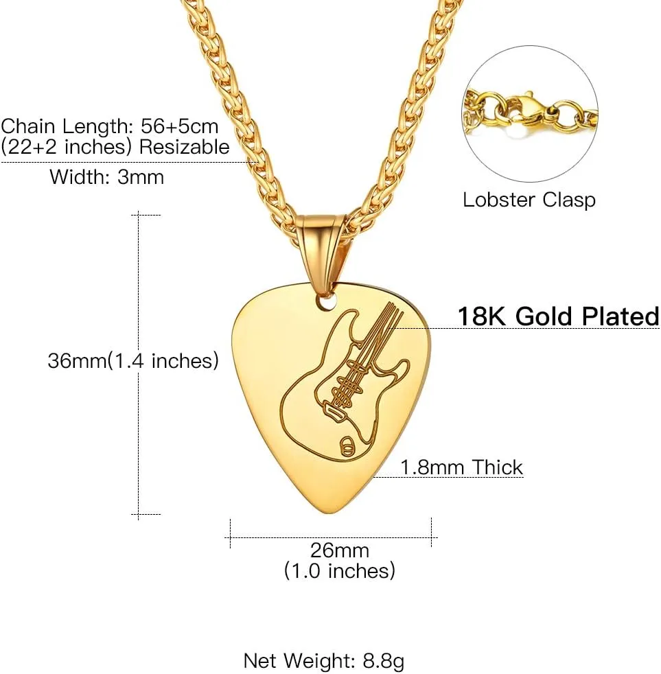 Suplight Stainless Steel Gold Guitar Pick Necklace for Men, Waterproof Stainless Steel Guitar Picks Holder Pendant Plectrum Music Note Necklace