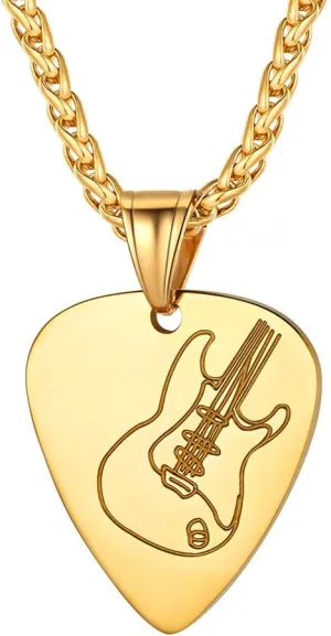 Suplight Stainless Steel Gold Guitar Pick Necklace for Men, Waterproof Stainless Steel Guitar Picks Holder Pendant Plectrum Music Note Necklace