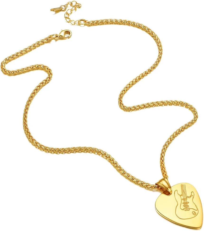 Suplight Stainless Steel Gold Guitar Pick Necklace for Men, Waterproof Stainless Steel Guitar Picks Holder Pendant Plectrum Music Note Necklace