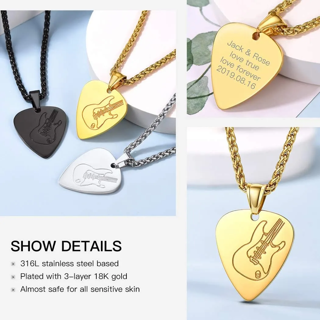Suplight Stainless Steel Gold Guitar Pick Necklace for Men, Waterproof Stainless Steel Guitar Picks Holder Pendant Plectrum Music Note Necklace