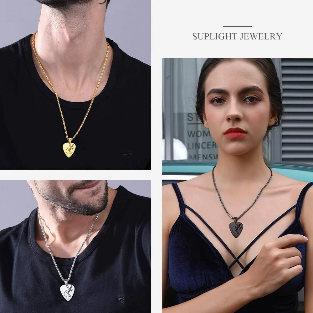 Suplight Stainless Steel Gold Guitar Pick Necklace for Men, Waterproof Stainless Steel Guitar Picks Holder Pendant Plectrum Music Note Necklace