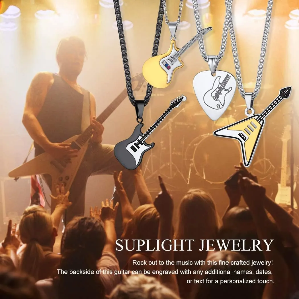 Suplight Stainless Steel Gold Guitar Pick Necklace for Men, Waterproof Stainless Steel Guitar Picks Holder Pendant Plectrum Music Note Necklace