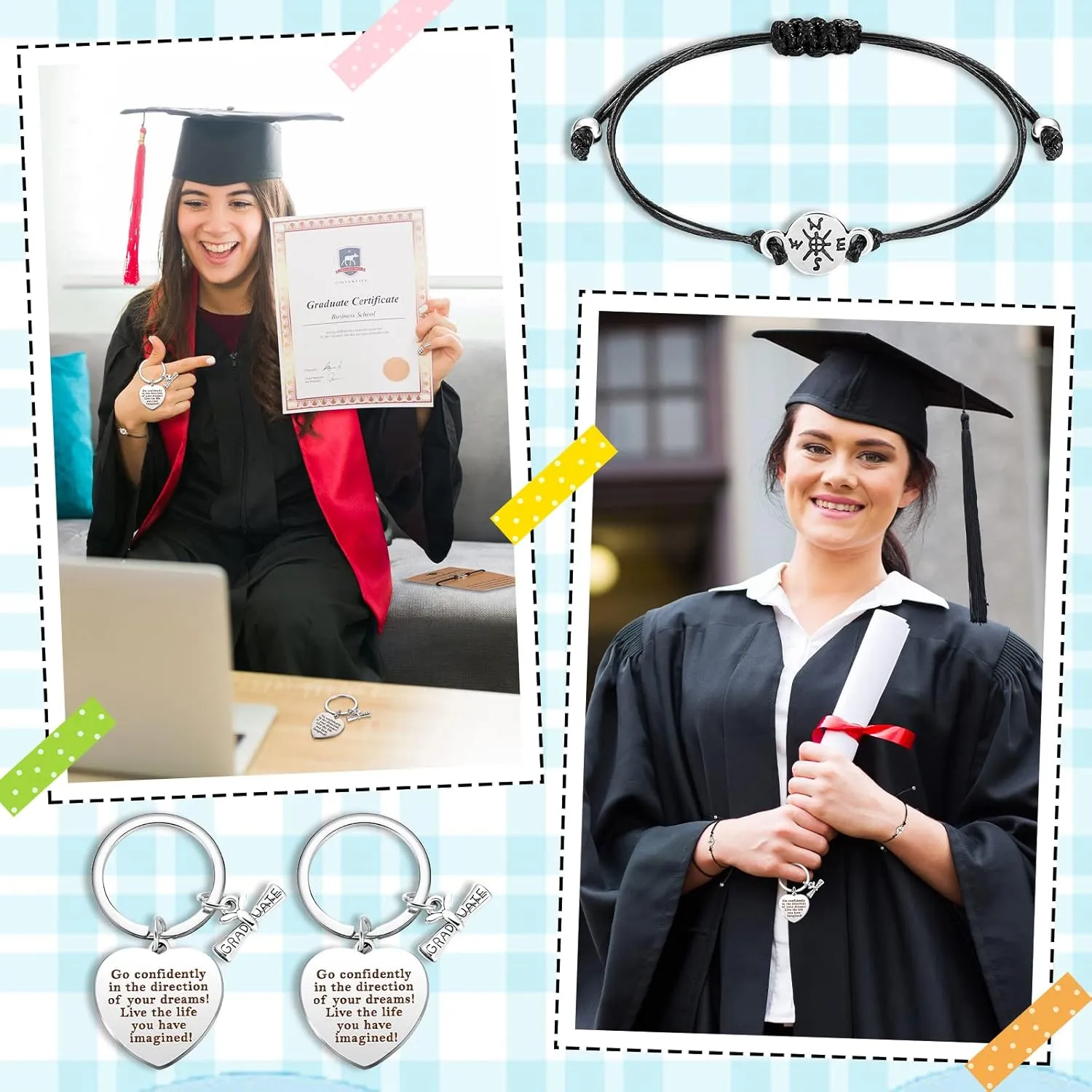 Sureio 48 Pcs 2025 Graduation Gift Bulk Set Graduation Bracelet Keychain Class of 2025 Inspirational Gift for Men Women (Classic)