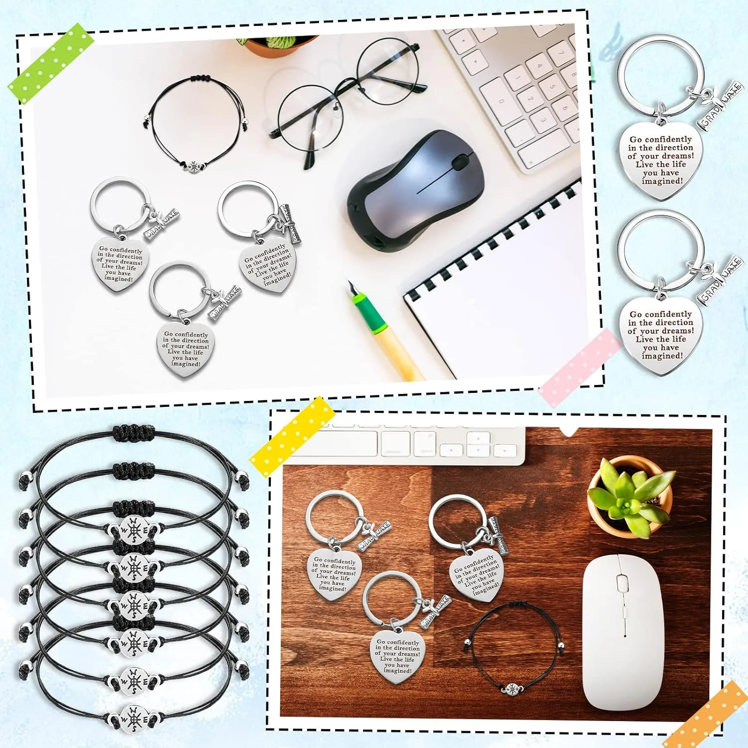 Sureio 48 Pcs 2025 Graduation Gift Bulk Set Graduation Bracelet Keychain Class of 2025 Inspirational Gift for Men Women (Classic)