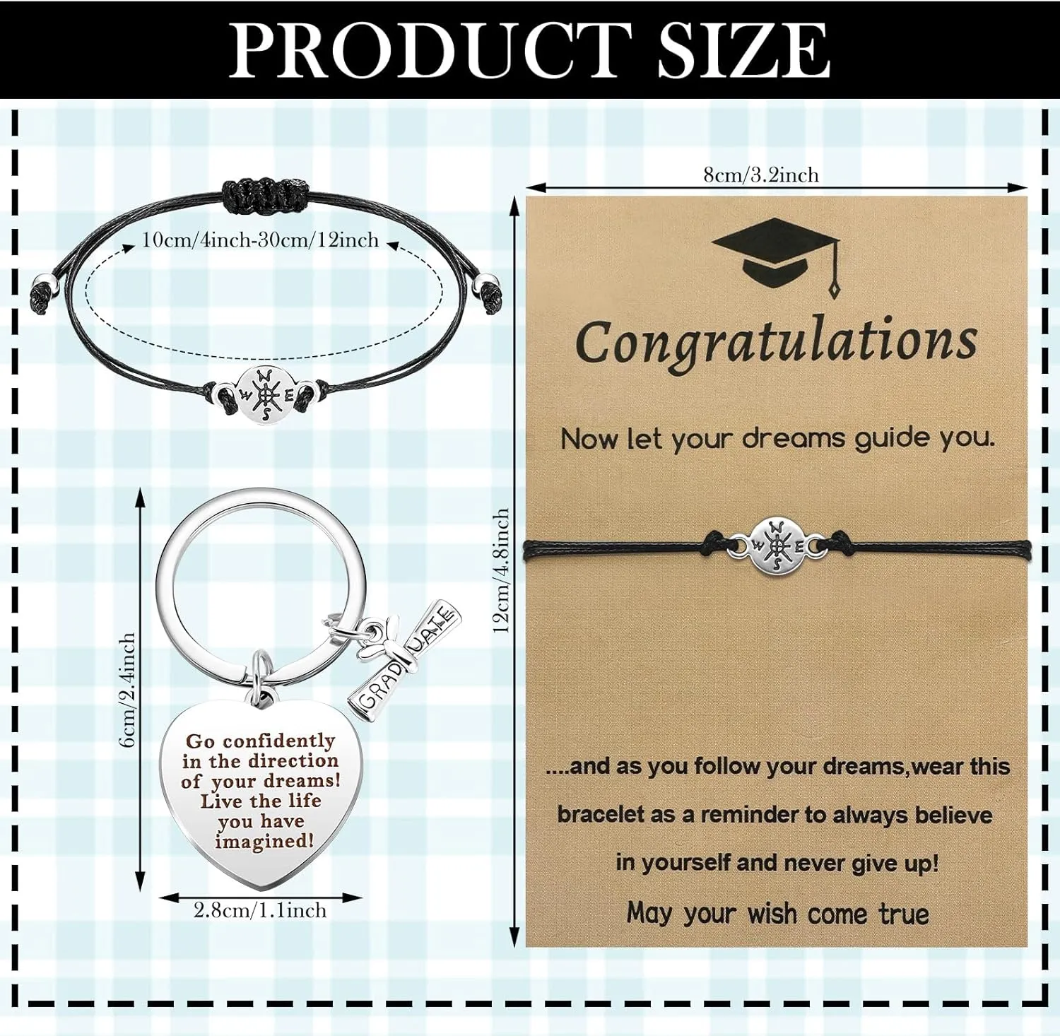 Sureio 48 Pcs 2025 Graduation Gift Bulk Set Graduation Bracelet Keychain Class of 2025 Inspirational Gift for Men Women (Classic)