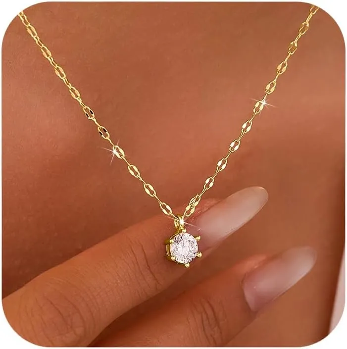SUYACS 925 Sterling Silver April Birthstone Necklaces for Women Dainty 14k Gold Plated White CZ Crystal Pendant Necklace Minimalist Choker Chain Birthday Bride Wedding Jewelry Gifts to Daughter