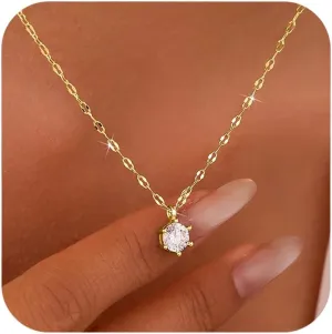 SUYACS 925 Sterling Silver April Birthstone Necklaces for Women Dainty 14k Gold Plated White CZ Crystal Pendant Necklace Minimalist Choker Chain Birthday Bride Wedding Jewelry Gifts to Daughter