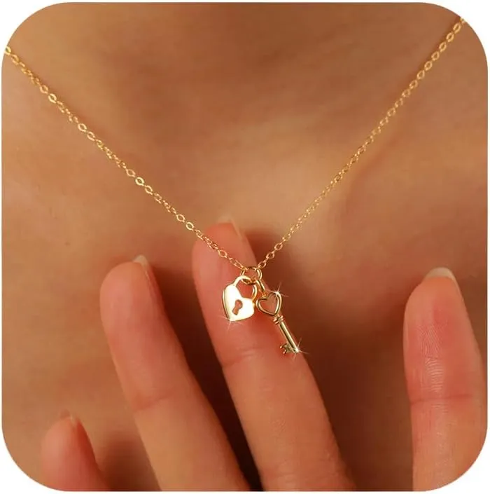 SUYACS Heart Lock Key Necklaces for Women Couple 925 Sterling Silver Love Heart Pendant Necklace Dainty 14K Gold Plated Padlock Collar Choker Chain Birthday Gifts for Girlfriend
