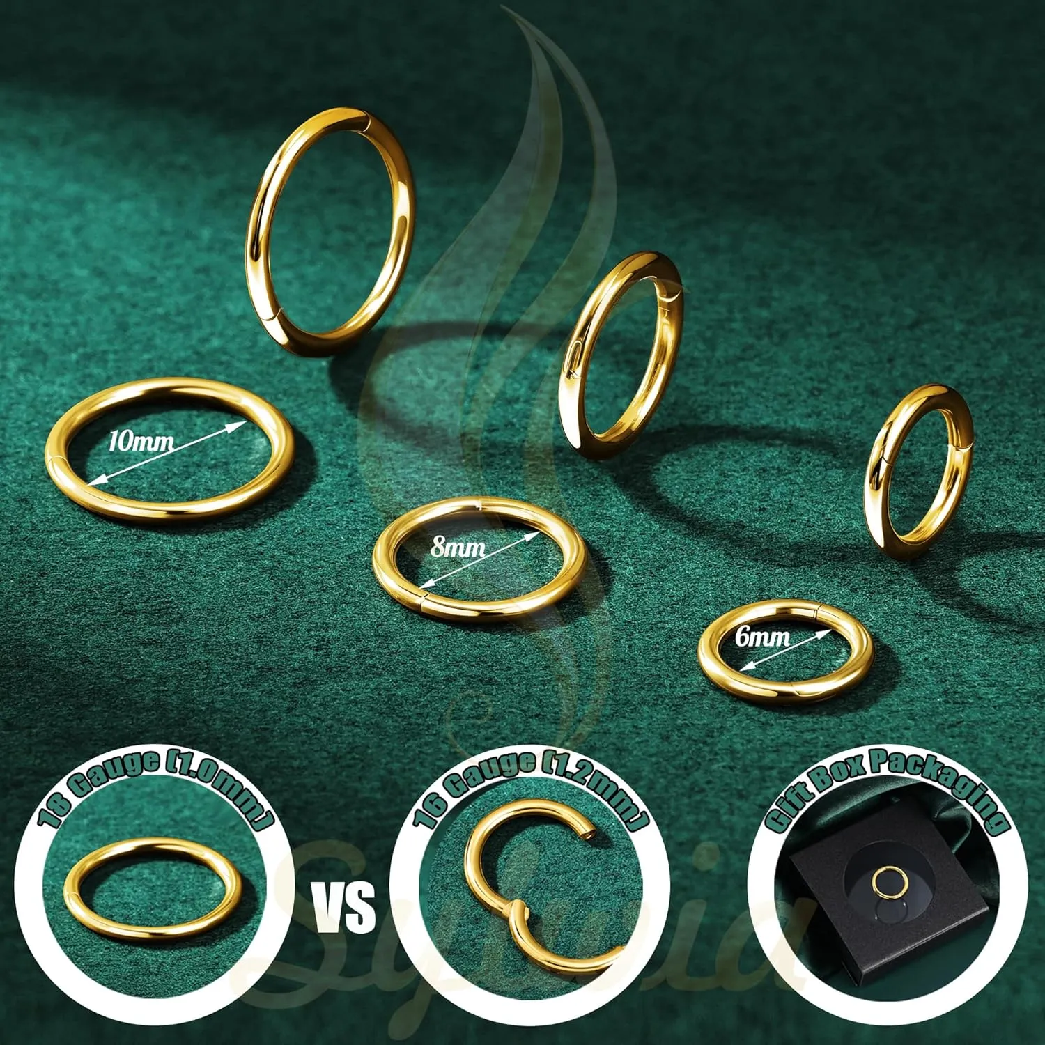 SYLWIA 14K Solid Gold 18g/16g Nose Rings, 6/8/10mm Hinged Segment Septum Rings, Real Gold Lip Tragus Helix Cartilage Conch Earring Hoops Piercing for Women Men