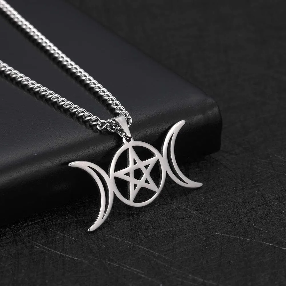 TEAMER Triple Moon Goddess Necklace Stainless Steel Amulet Wicca Hekate Wheel Necklace Pagan Jewelry for Women Men