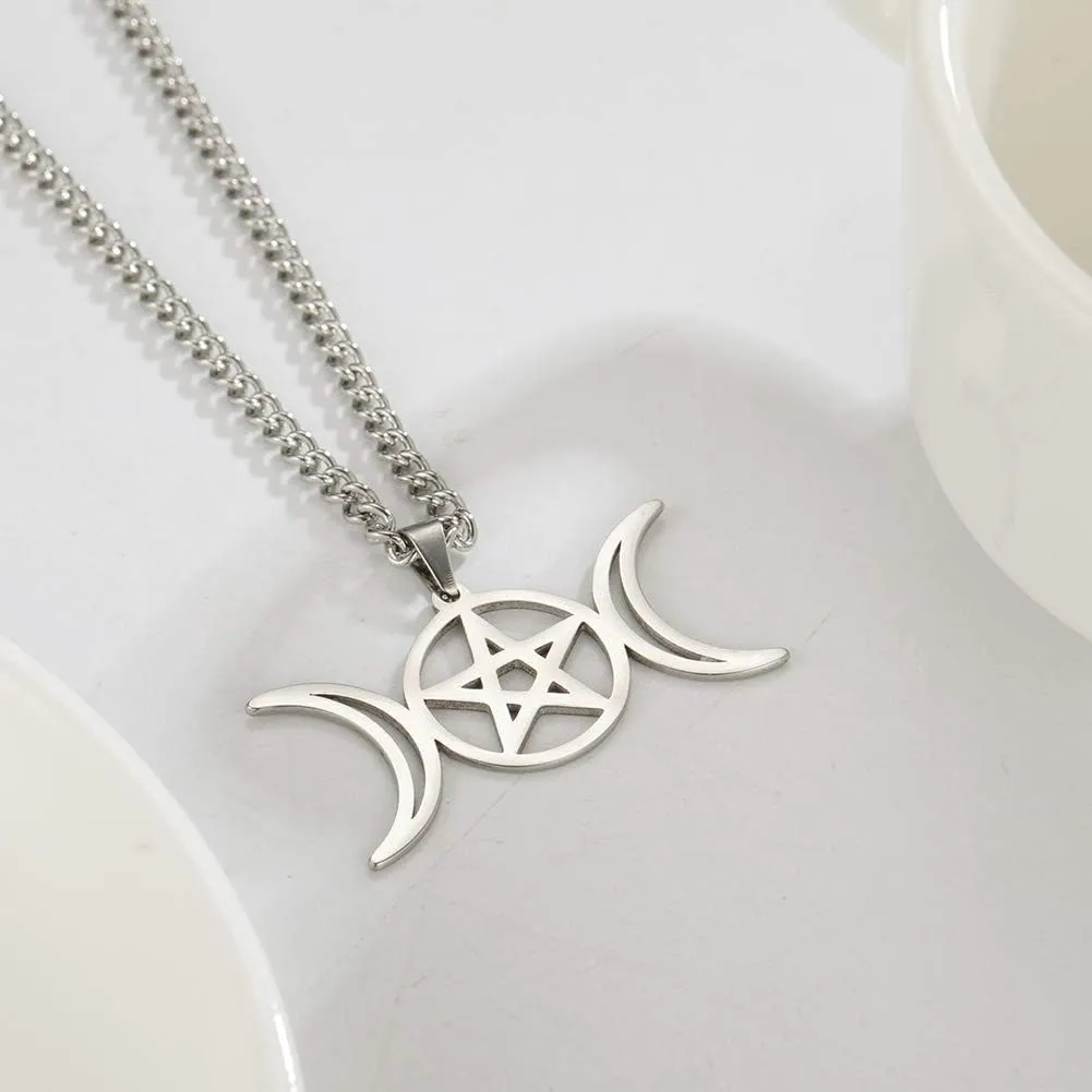 TEAMER Triple Moon Goddess Necklace Stainless Steel Amulet Wicca Hekate Wheel Necklace Pagan Jewelry for Women Men