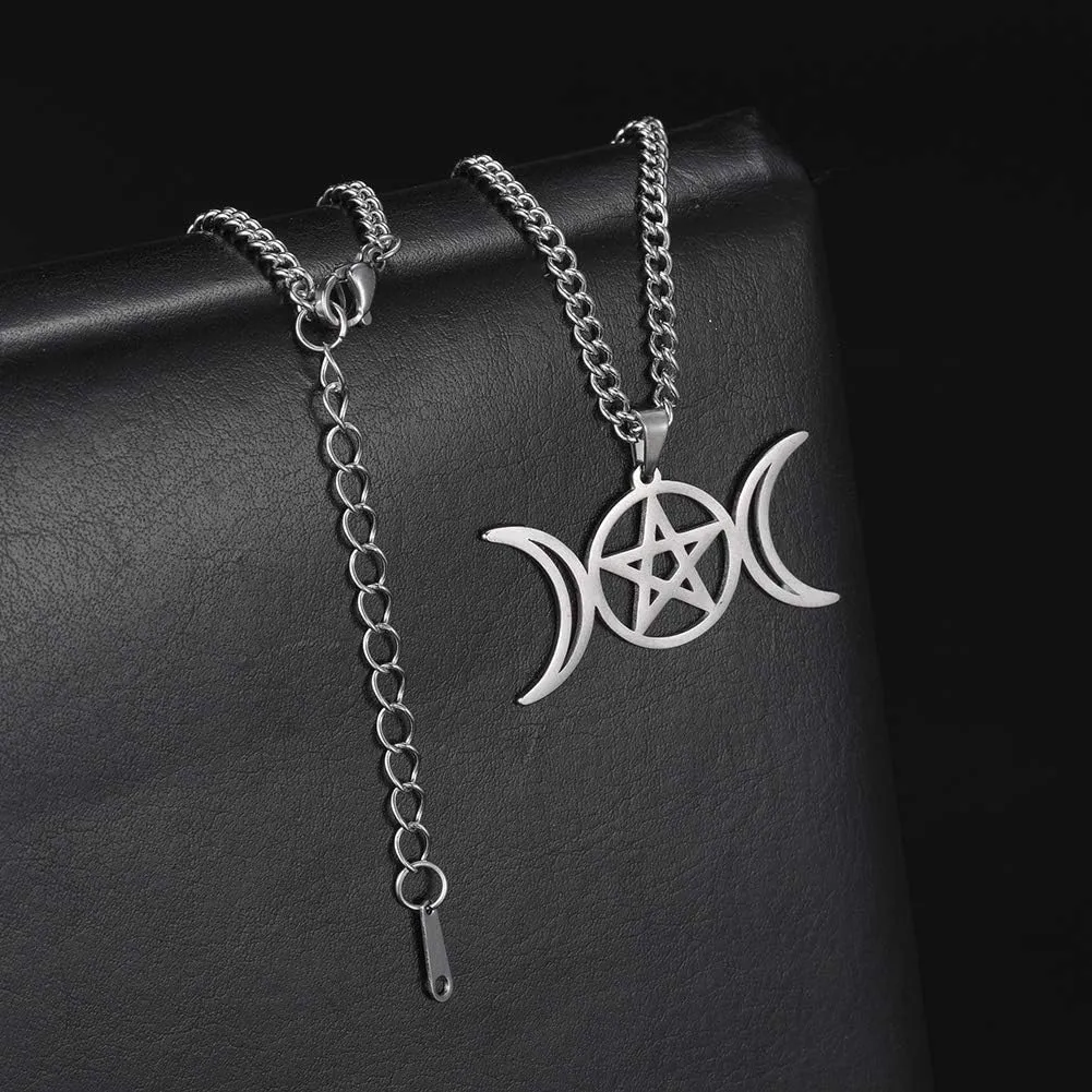TEAMER Triple Moon Goddess Necklace Stainless Steel Amulet Wicca Hekate Wheel Necklace Pagan Jewelry for Women Men