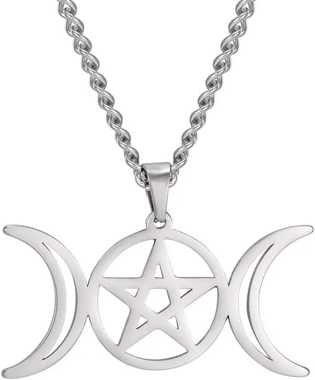TEAMER Triple Moon Goddess Necklace Stainless Steel Amulet Wicca Hekate Wheel Necklace Pagan Jewelry for Women Men