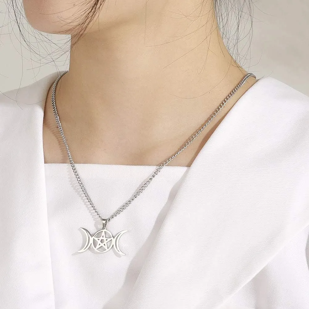 TEAMER Triple Moon Goddess Necklace Stainless Steel Amulet Wicca Hekate Wheel Necklace Pagan Jewelry for Women Men