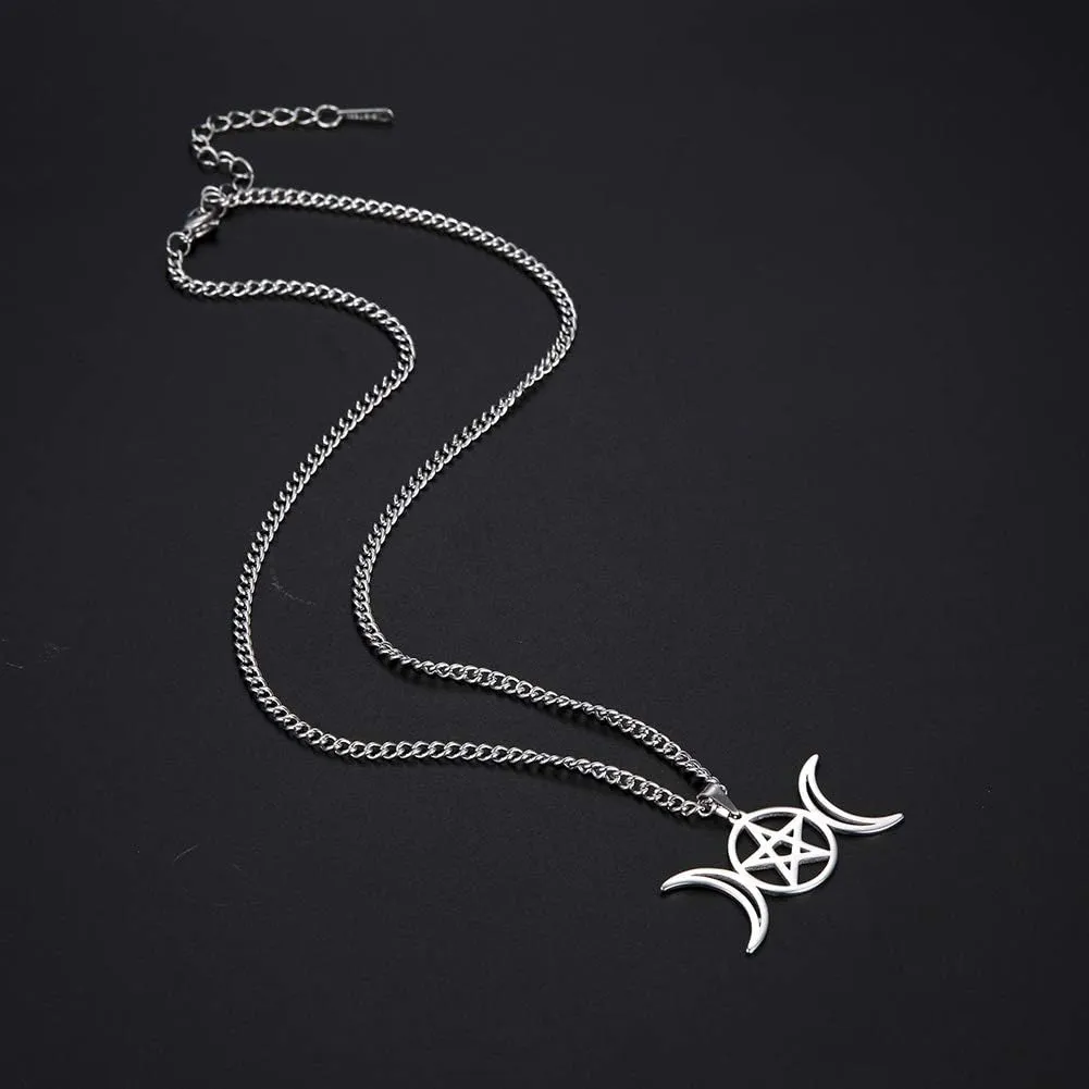 TEAMER Triple Moon Goddess Necklace Stainless Steel Amulet Wicca Hekate Wheel Necklace Pagan Jewelry for Women Men