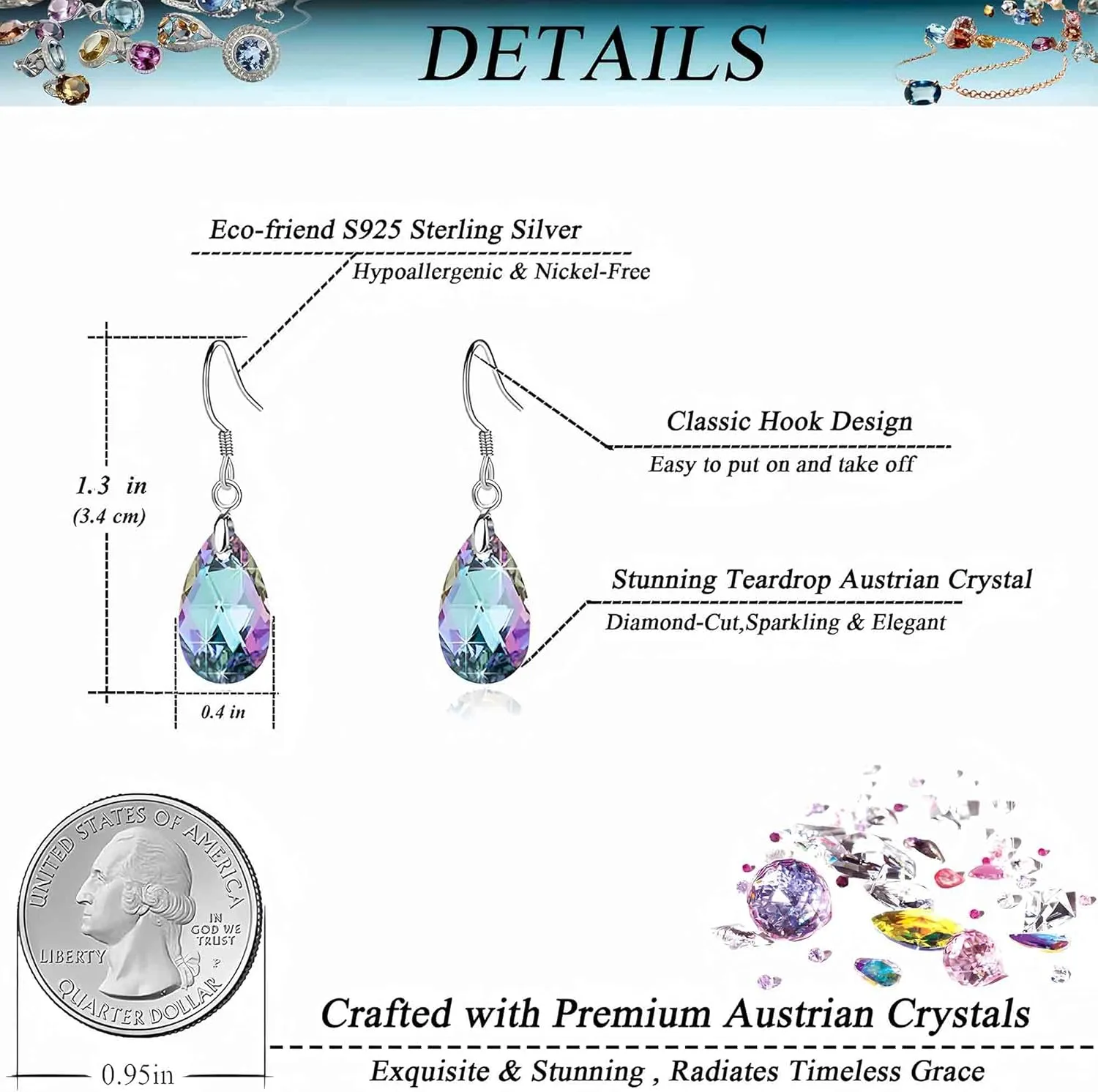 Teardrop Austrian Crystal Drop Dangle Earrings for Women 925 Sterling Silver Hook Hypoallergenic Jewelry