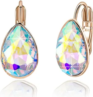 Teardrop Austrian Crystal Leverback Drop Earrings for Women 14K Rose Gold Plated Hypoallergenic Jewelry