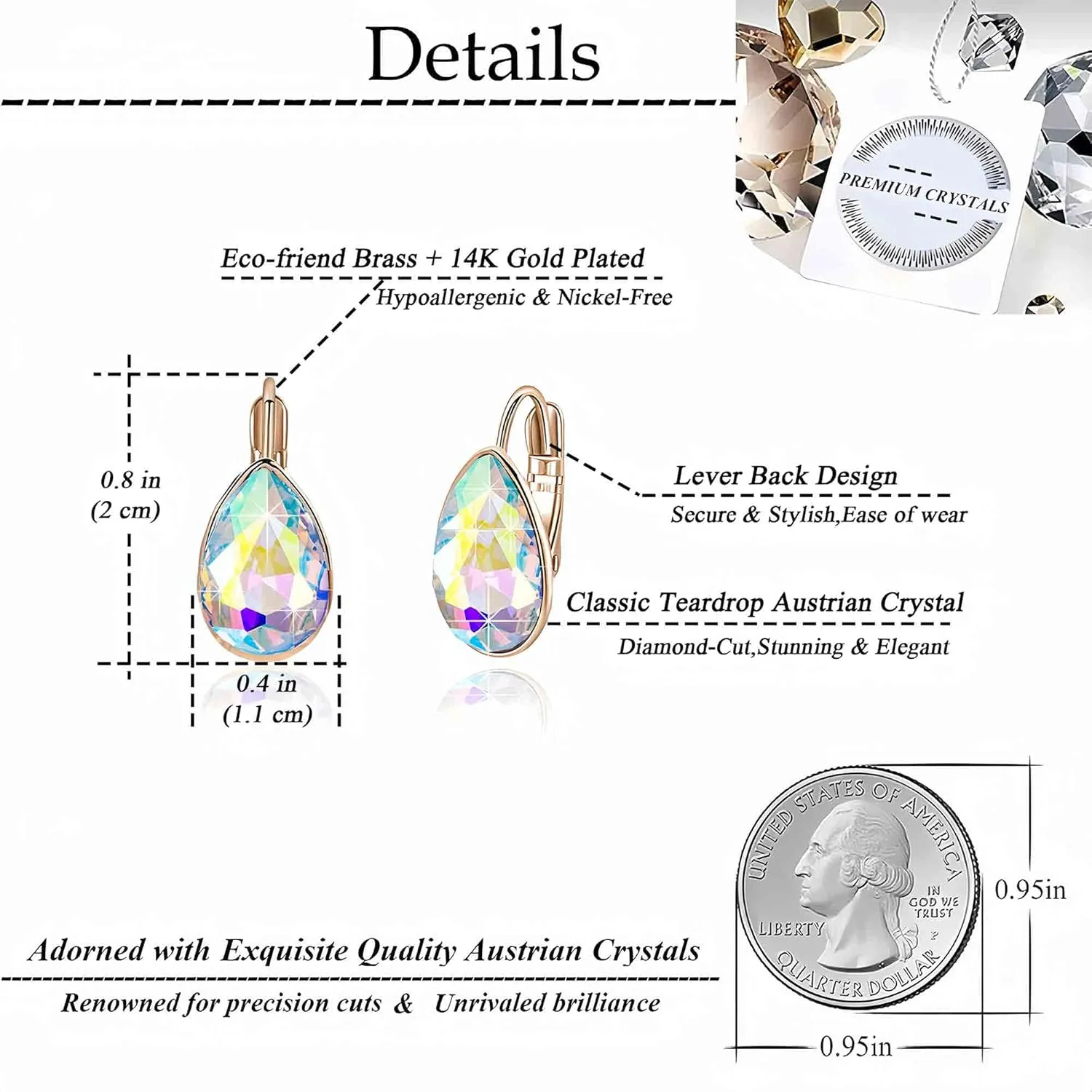 Teardrop Austrian Crystal Leverback Drop Earrings for Women 14K Rose Gold Plated Hypoallergenic Jewelry