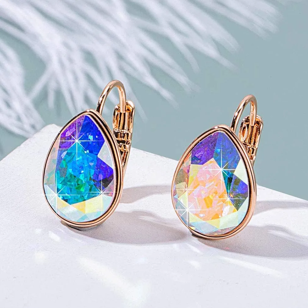 Teardrop Austrian Crystal Leverback Drop Earrings for Women 14K Rose Gold Plated Hypoallergenic Jewelry
