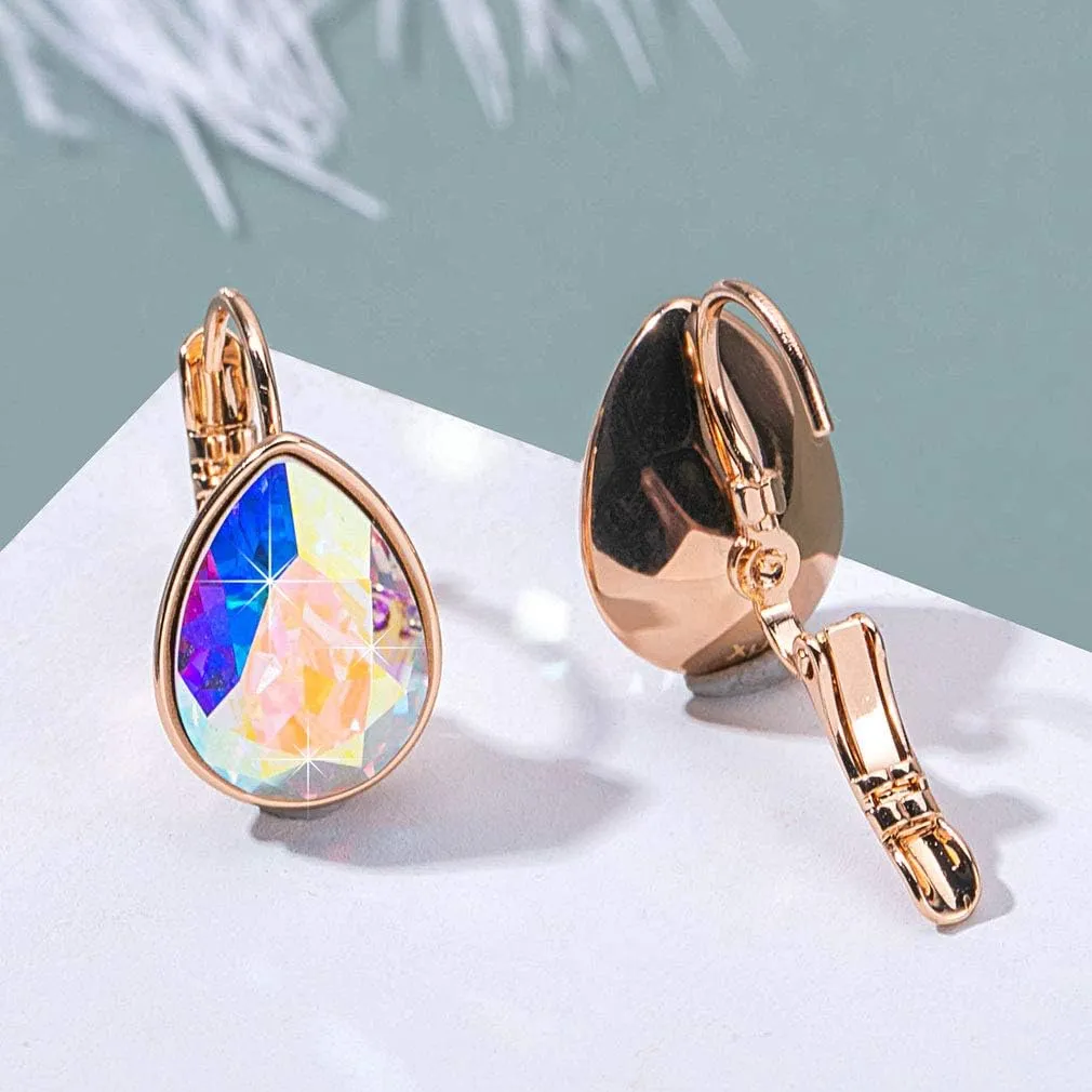 Teardrop Austrian Crystal Leverback Drop Earrings for Women 14K Rose Gold Plated Hypoallergenic Jewelry