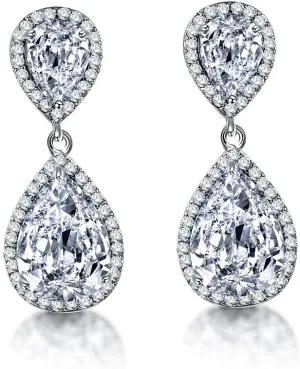 Teardrop Dangle Earrings for Wedding - Sparkly Sterling Silver Cubic Zirconia Crystal Rhinestone Drop Earrings Pierced Austrian Style Hypoallergenic Earrings Womens Bridal Jewelry