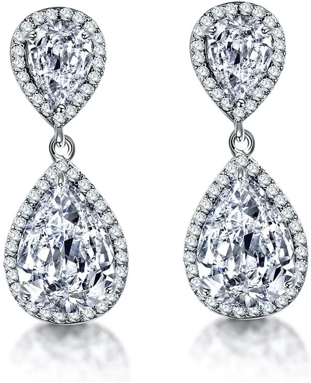 Teardrop Dangle Earrings for Wedding - Sparkly Sterling Silver Cubic Zirconia Crystal Rhinestone Drop Earrings Pierced Austrian Style Hypoallergenic Earrings Womens Bridal Jewelry