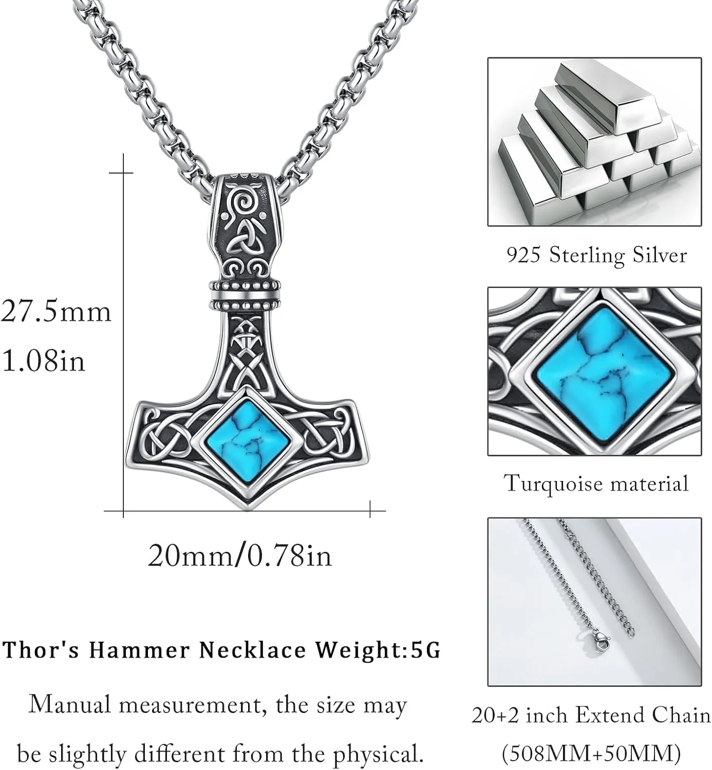 Thor's Hammer Necklace - Sterling Silver Mjolnir Pendant - Viking Jewelry Gifts for Men and Women