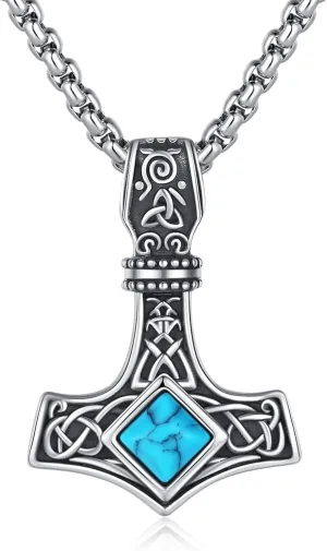 Thor's Hammer Necklace Sterling Silver Turquoise Thors Hammer Necklace Mjolnir Religious Thor Hammer Pendant Necklaces Viking Jewelry Gifts For Men Women