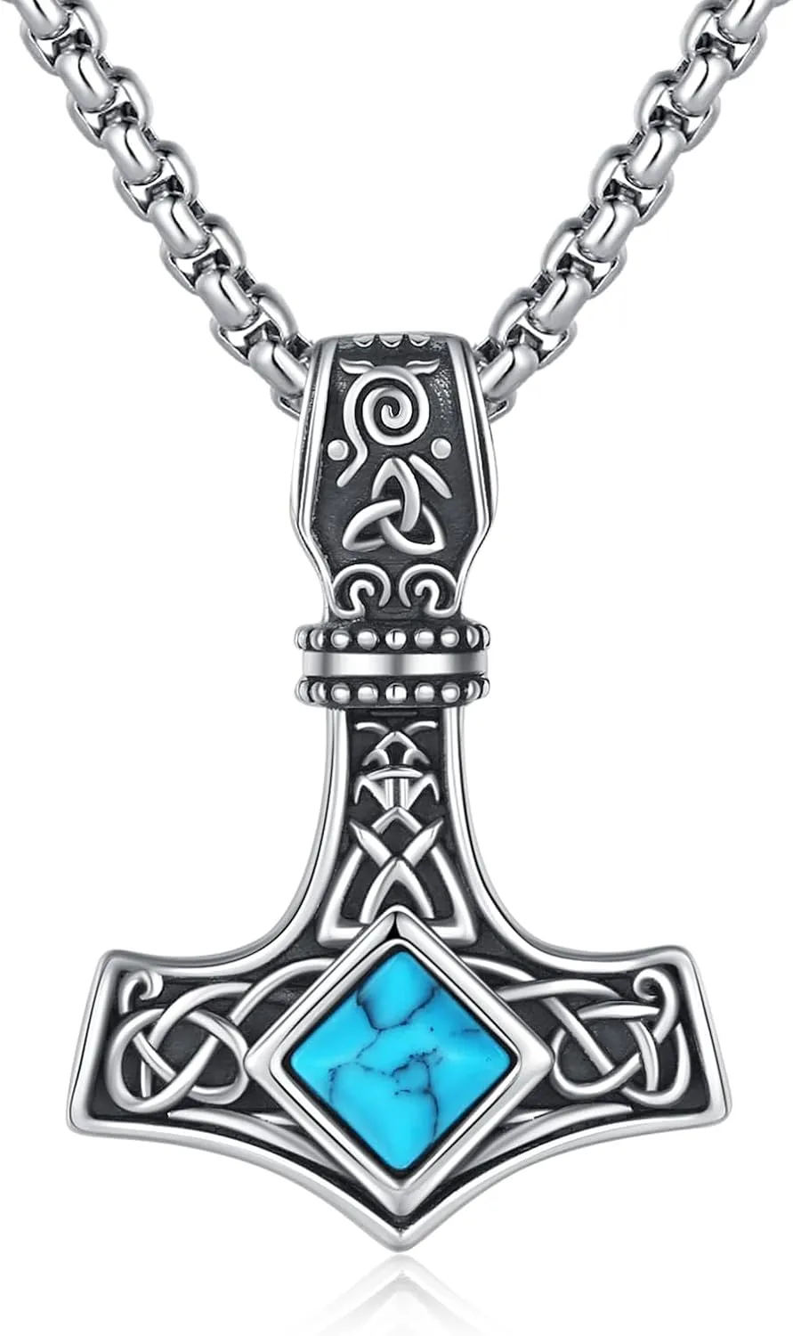 Thor's Hammer Necklace Sterling Silver Turquoise Thors Hammer Necklace Mjolnir Religious Thor Hammer Pendant Necklaces Viking Jewelry Gifts For Men Women