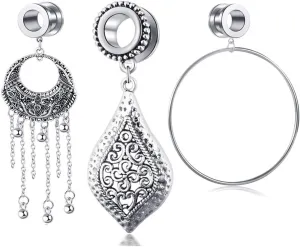 TIANCI FBYJS 3 Pairs Ear Gauge Tunnels Surgical Steel Tunnel Large Chain Dangle Hoop Earring Gauges Stretching Piercing Plugs Jewelry 2g 0g 00g 5/8 Body Jewelry