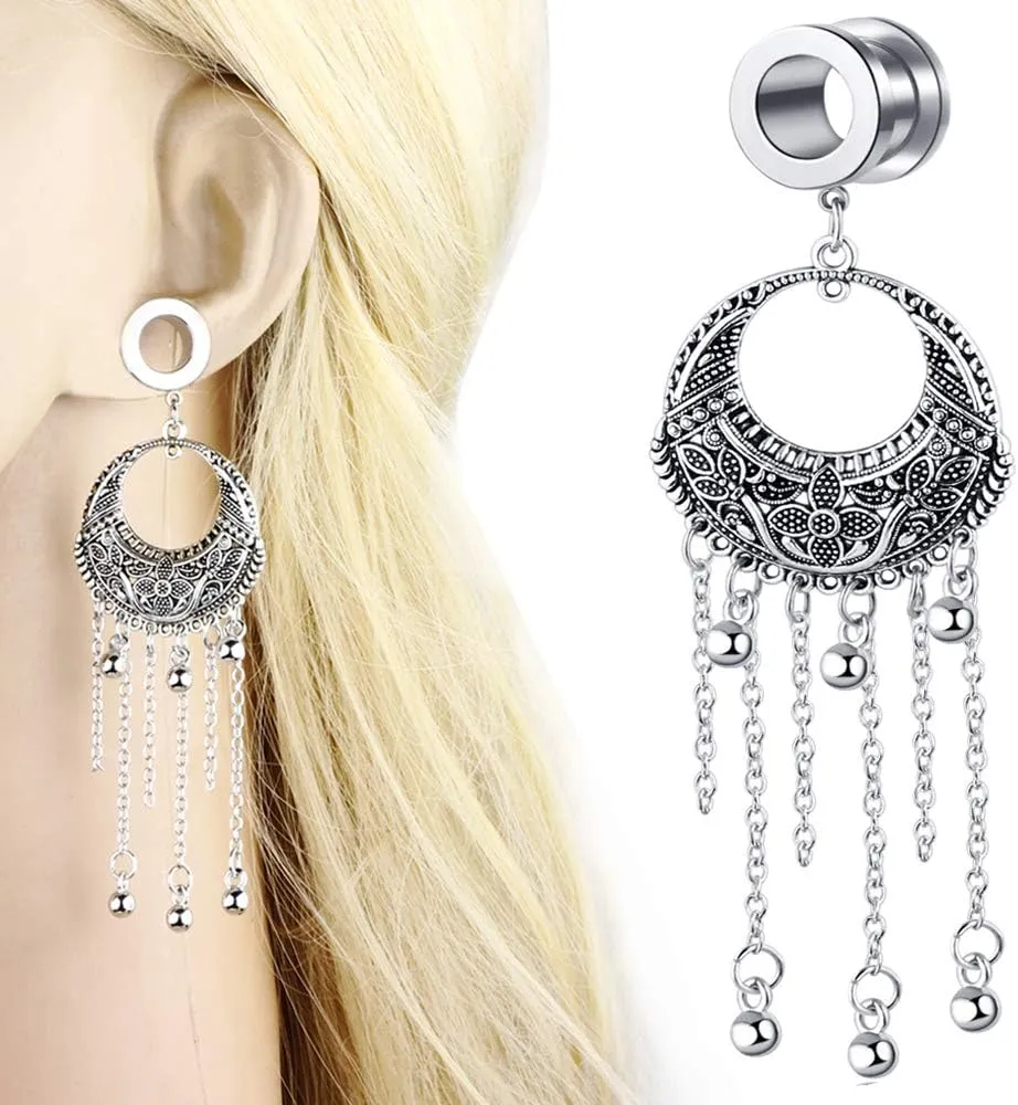 TIANCI FBYJS 3 Pairs Ear Gauge Tunnels Surgical Steel Tunnel Large Chain Dangle Hoop Earring Gauges Stretching Piercing Plugs Jewelry 2g 0g 00g 5/8 Body Jewelry