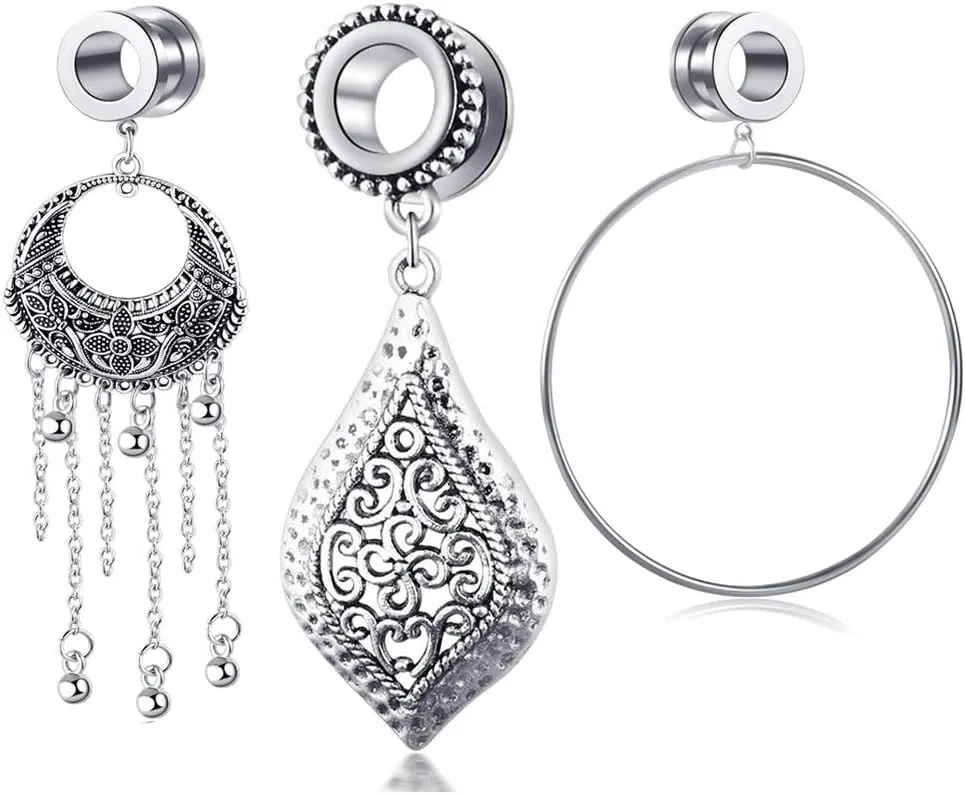 TIANCI FBYJS 3 Pairs Ear Gauge Tunnels Surgical Steel Tunnel Large Chain Dangle Hoop Earring Gauges Stretching Piercing Plugs Jewelry 2g 0g 00g 5/8 Body Jewelry