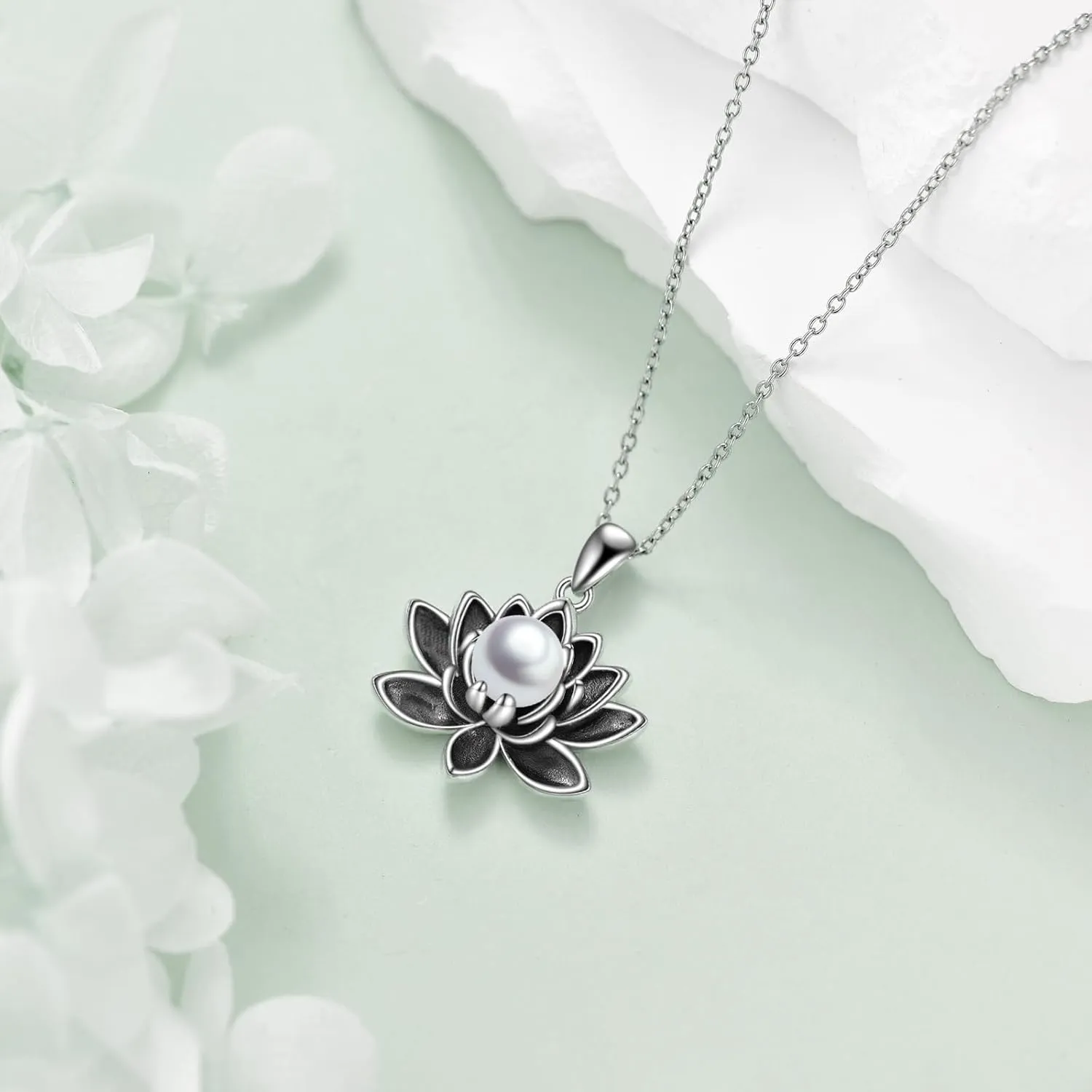 TIGER RIDER Lotus Necklace 925 Sterling Silver Pearl Pendant Necklace Black Lotus Flower Jewelry Gifts for Women