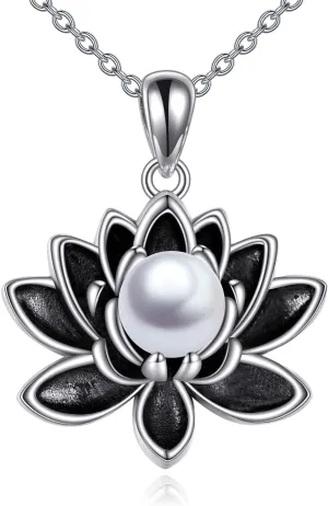 TIGER RIDER Lotus Necklace 925 Sterling Silver Pearl Pendant Necklace Black Lotus Flower Jewelry Gifts for Women