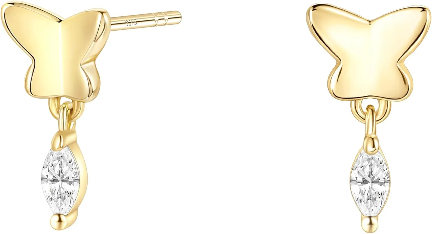 TIGRADE 14K Gold Plated Stud Earrings for Women Butterfly Marquise Cubic Zirconia Dainty Dangle Earrings 925 Sterling Silver Post Hypoallergenic Small Cartilage Piercing