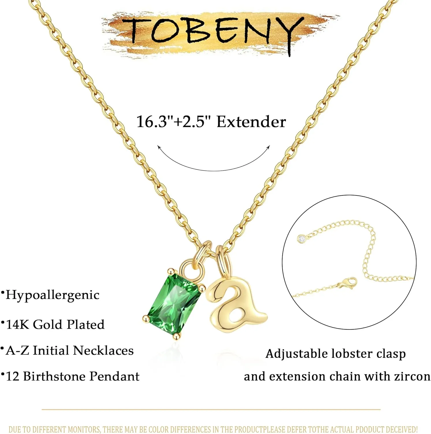 TOBENY Initial Necklaces for Women 14K Gold Plated Birthstone Necklace for Women Trendy Dainty A-Z Gold Letter Necklace for Women Personalized Name Green Emerald Initial Pendant Jewelry Birthday Gift