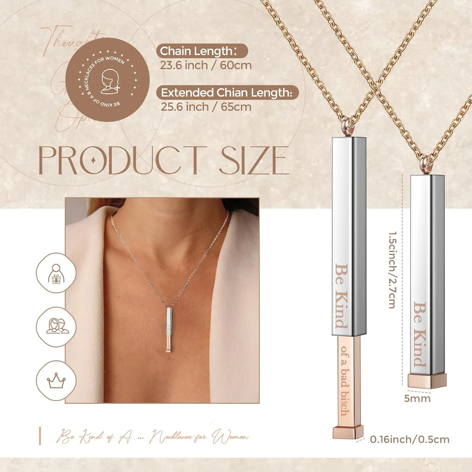 Tondiamo 3 Pcs Be Kind of A B Necklace Bulk for Women Hidden Message Necklace Be Kind Best Friend Jewelry 3D Engraving Vertical Bar Jewelry Square Tube Pendant for Friendship Gift