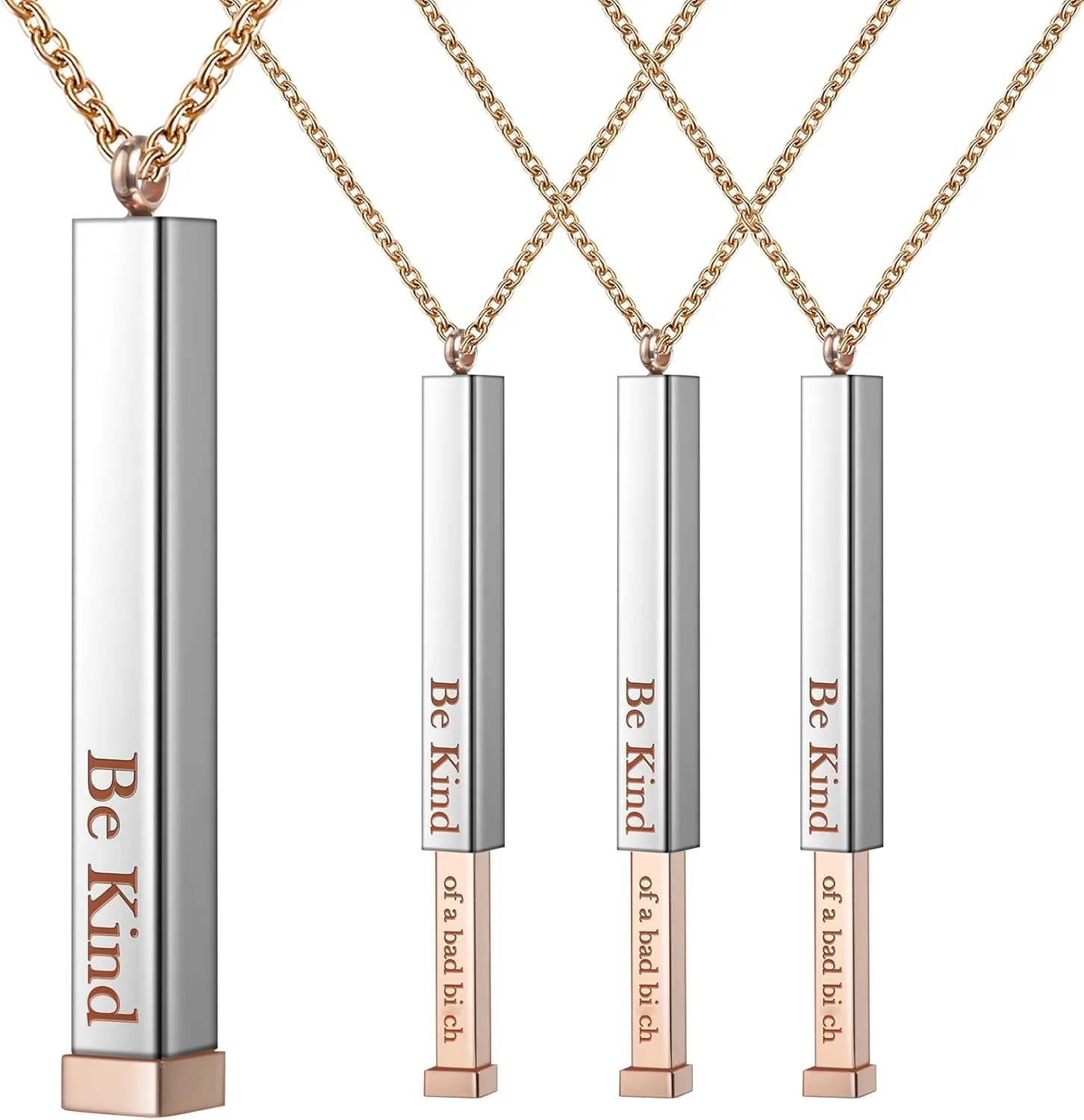 Tondiamo 3 Pcs Be Kind of A B Necklace Bulk for Women Hidden Message Necklace Be Kind Best Friend Jewelry 3D Engraving Vertical Bar Jewelry Square Tube Pendant for Friendship Gift