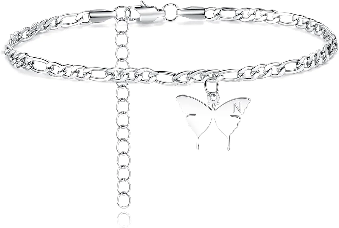 TONY & SANDY Ankle Bracelets for Women - Initial Butterfly Anklet for Women Stainless Steel Figaro Chain Summer Beach Waterproof Foot Jewelry Gifts, Gold/Silver