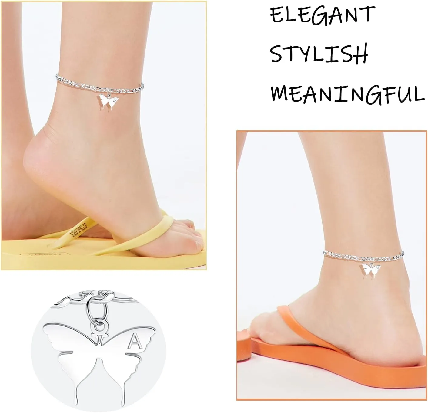 TONY & SANDY Ankle Bracelets for Women - Initial Butterfly Anklet for Women Stainless Steel Figaro Chain Summer Beach Waterproof Foot Jewelry Gifts, Gold/Silver