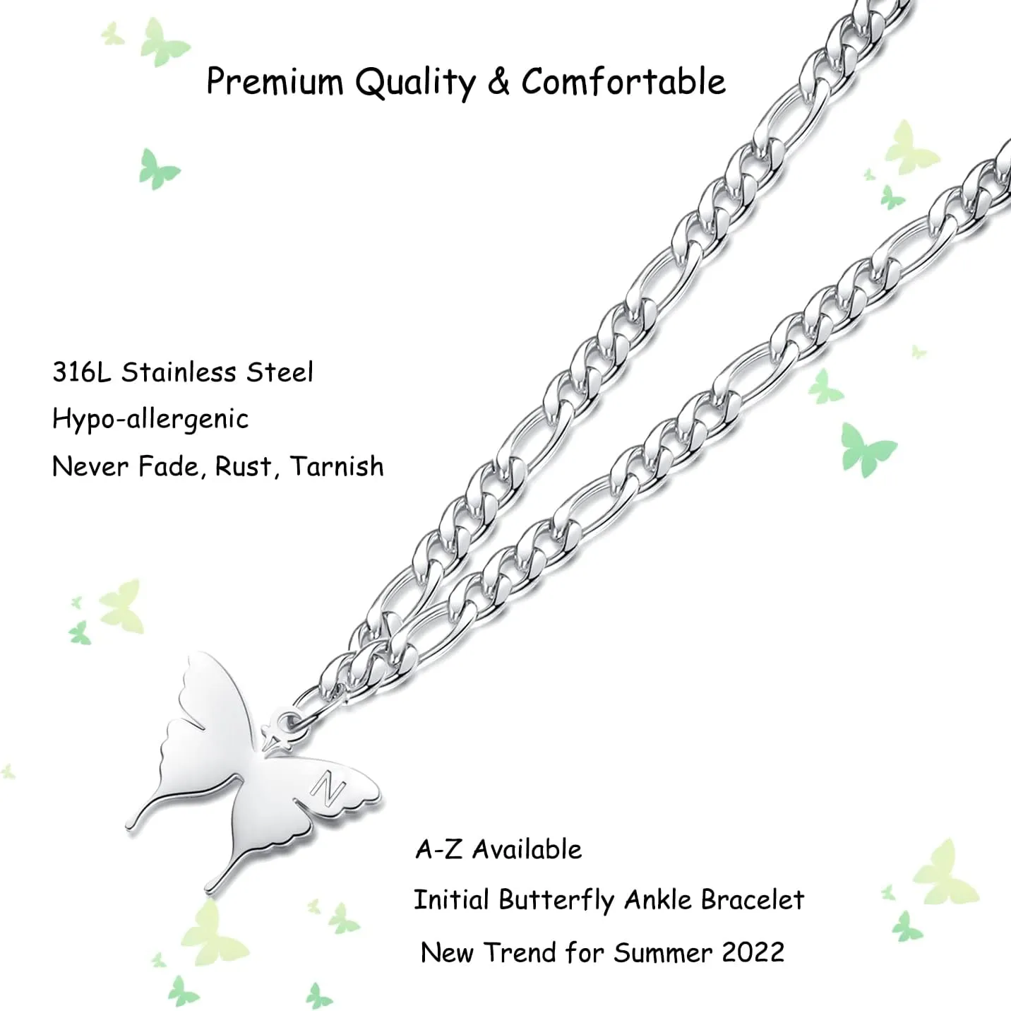 TONY & SANDY Ankle Bracelets for Women - Initial Butterfly Anklet for Women Stainless Steel Figaro Chain Summer Beach Waterproof Foot Jewelry Gifts, Gold/Silver