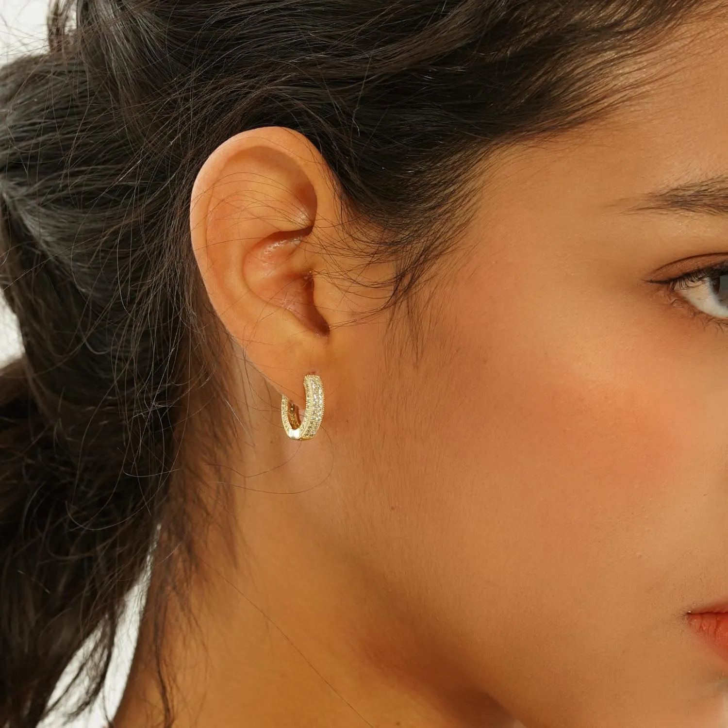 TOPGRILLZ Iced Out Hoop Earrings Cubic Zirconia Huggie Cartilage Cuff Hypoallergenic 14K Gold Plated Luxury Fashion Round Circle Earrings For Men Women