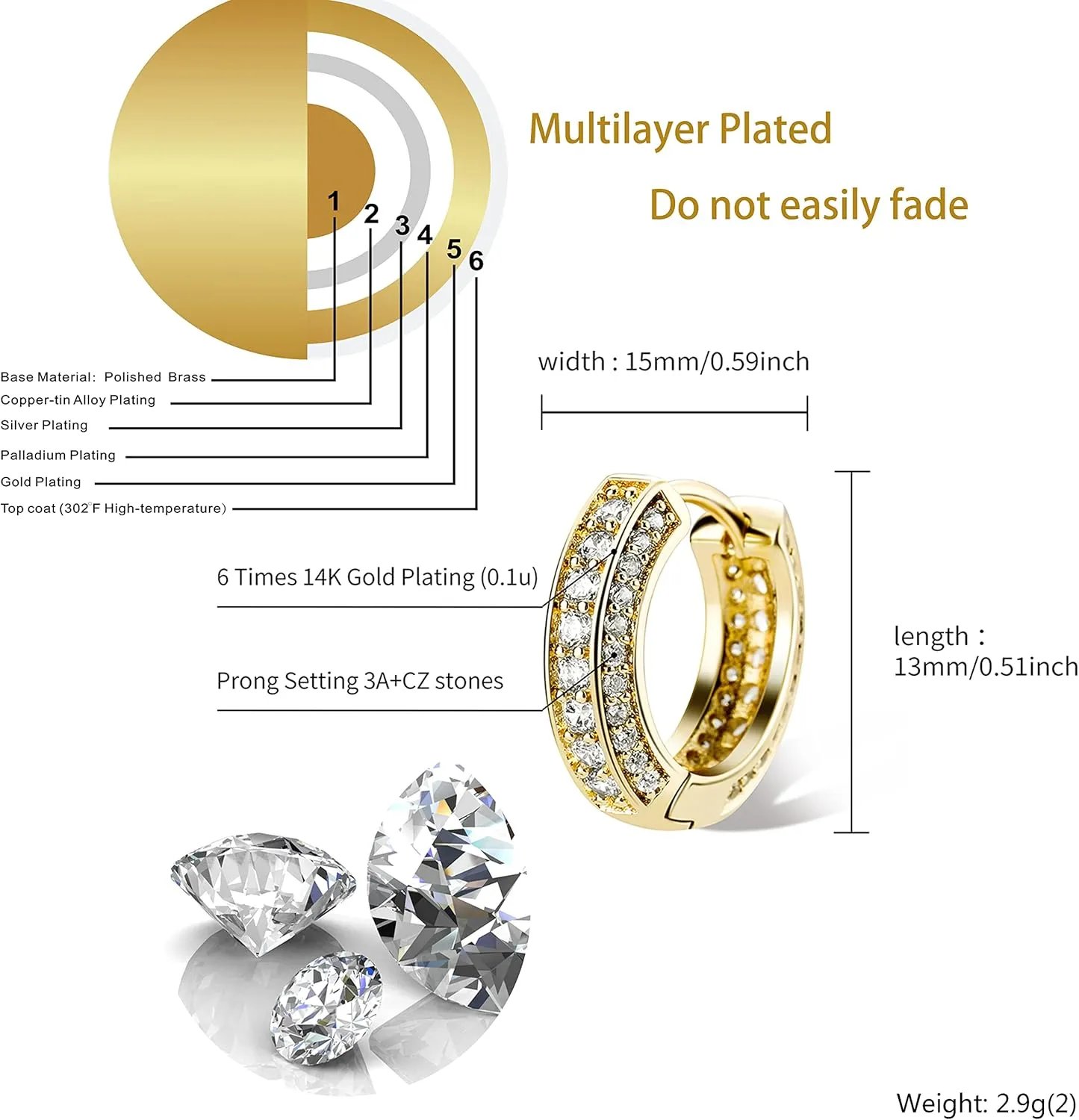 TOPGRILLZ Iced Out Hoop Earrings Cubic Zirconia Huggie Cartilage Cuff Hypoallergenic 14K Gold Plated Luxury Fashion Round Circle Earrings For Men Women