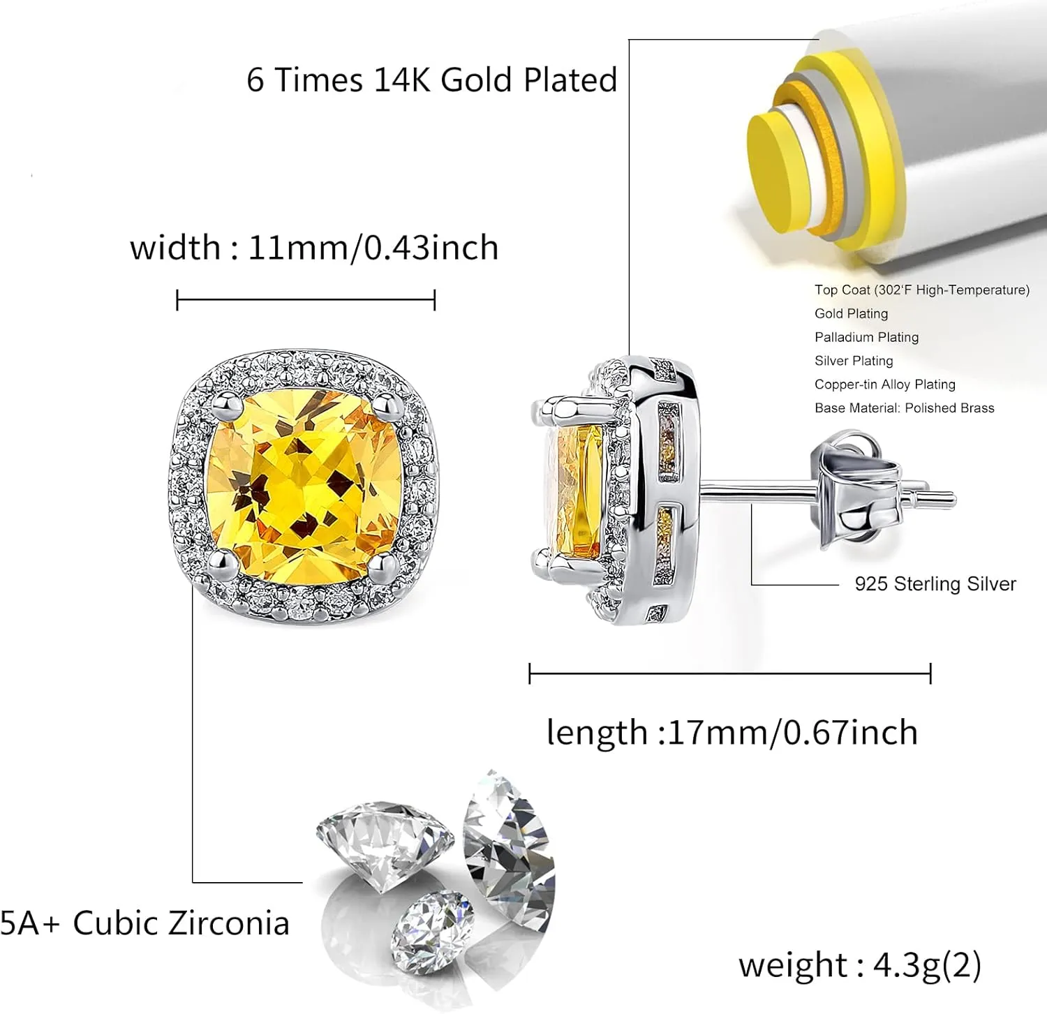 TOPGRILLZ Square Stud Earrings 925 Sterling Silver 5A  Cubic Zirconia 14K Gold Black Diamonds Stud Earrings For Men Women Aretes De Hombre