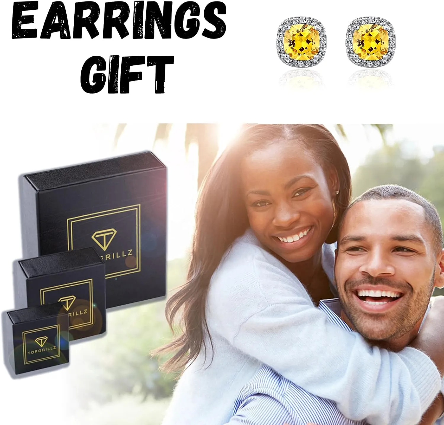 TOPGRILLZ Square Stud Earrings 925 Sterling Silver 5A  Cubic Zirconia 14K Gold Black Diamonds Stud Earrings For Men Women Aretes De Hombre